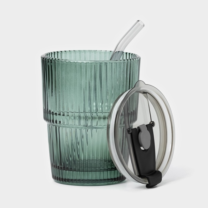 Стакан стеклянный с крышкой и трубочкой &laquo;Вино Верде&raquo;, 350 мл, цвет зелёный
