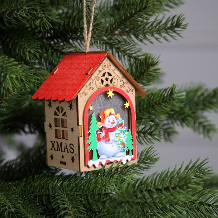 Ёлочная игрушка «Домик со снеговиком», от батареек, свечение тёплое белое Ёлочная игрушка «Домик со снеговиком», от батареек, свечение тёплое белое