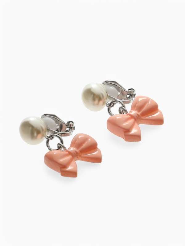 Серьги-клипсы детские "Выбражулька" бант нежность с жемчужиной, цвет розово-белый