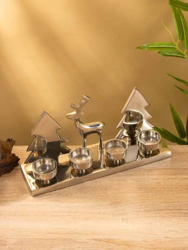 Подсвечник на 4 свечи "Рудольф и ёлки" алюминий 30х9х15 см