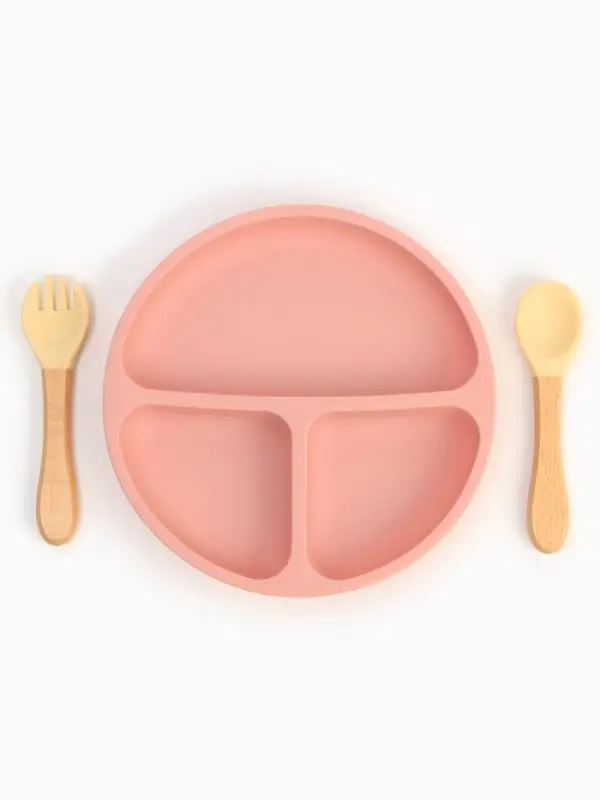 Тарелка детская секционная с ложкой и вилкой, 3 секции, розовый, Mum&Baby