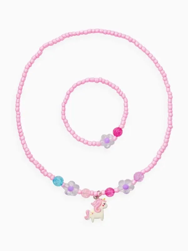 Набор детский &laquo;Выбражулька&raquo; 2 предмета: бусы, браслет,единорог, цветы, цвет розовый