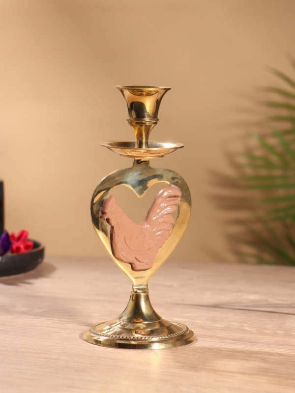 Подсвечник на 1 свечу "Петушок в сердце" латунь, коричневый с золотом 7х8х16,5 см