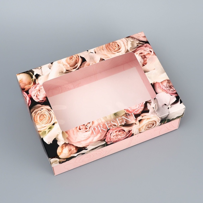 Коробка складная, крышка-дно, Коробка складная, крышка-дно, "Present", 21 х 15 х 7 см с окном