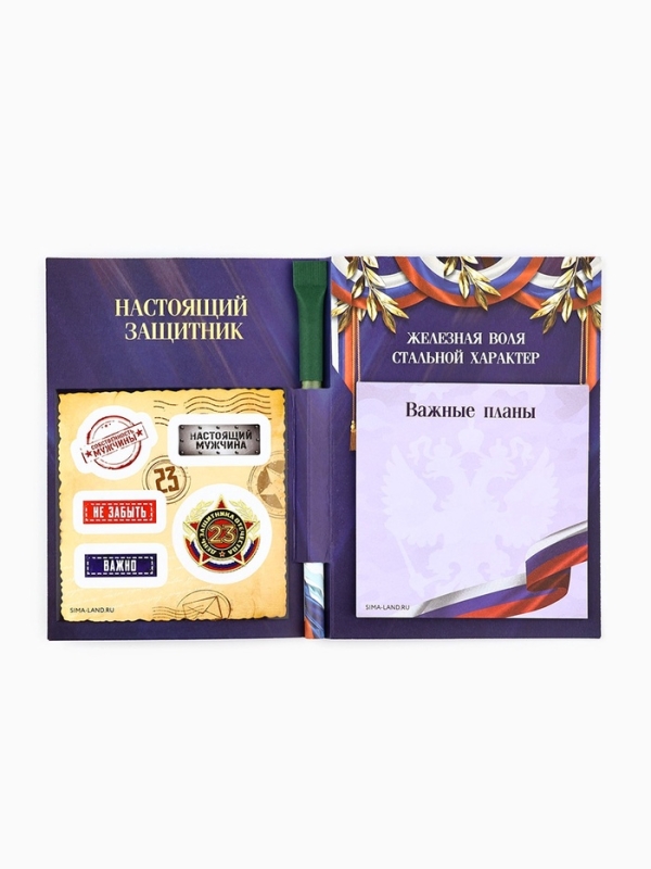 Набор "23 ФЕВРАЛЯ", блок бумаги 30 л, ручка синяя паста 1.0 мм и 5 шт наклеек