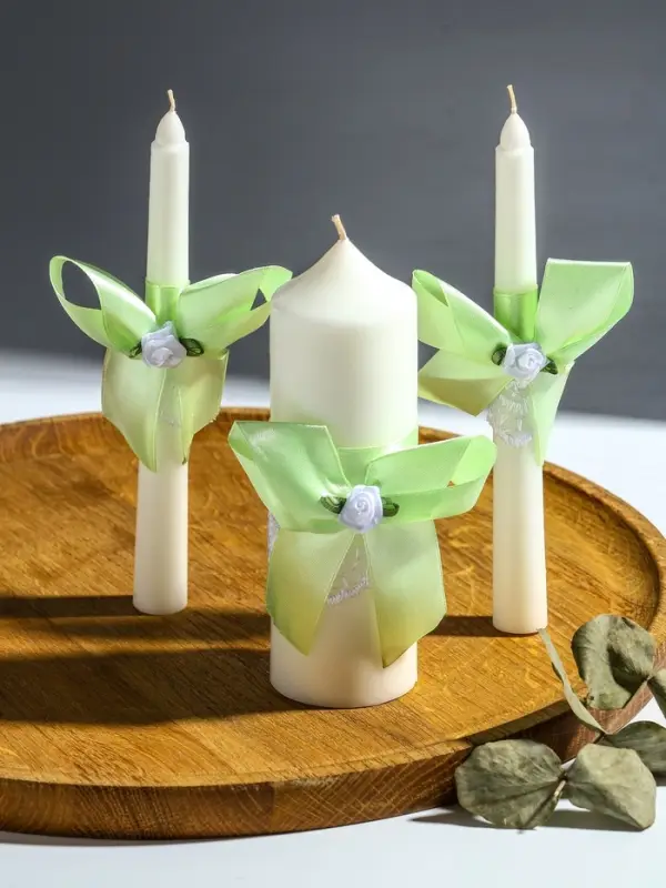 Свечи свадебные "Пышный" набор 3 шт (16 см + 2 шт по 18 см), мятный