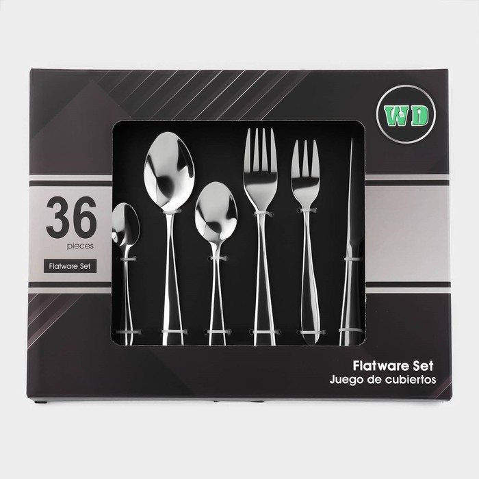 Столовые приборы из нержавеющей стали &laquo;Стандарт&raquo;, картонная коробка, толщина 2 мм, 36 предметов, цвет серебряный