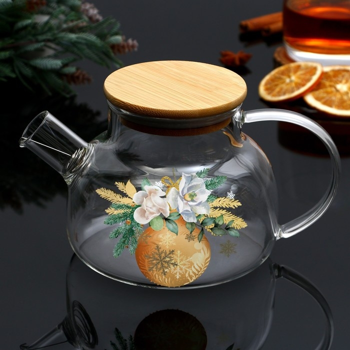 Новый год. Чайник заварочный стеклянный с бамбуковой крышкой &laquo;Зимние истории&raquo;, 800 мл