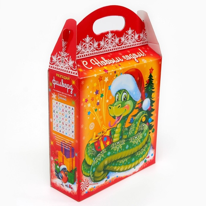 Новый год. Подарочная коробка новогодняя Змейка в шапочке 25,5 (33) х 23,5 х 8 см.