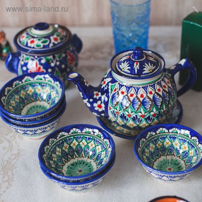 Сахарница Риштанская Керамика "Цветы", 1 л, синяя