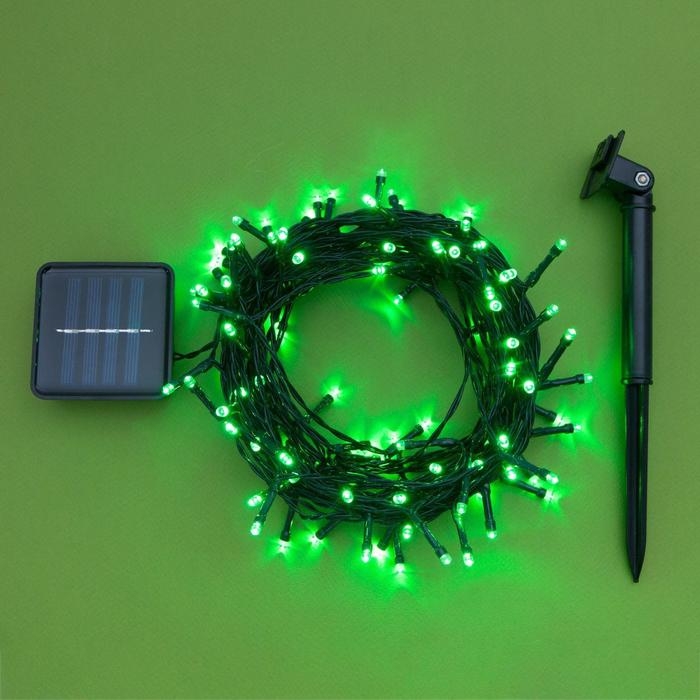 Гирлянда &laquo;Нить&raquo; 10 м, IP44, тёмная нить, 100 LED, свечение зелёное, 2 режима, солнечная батарея