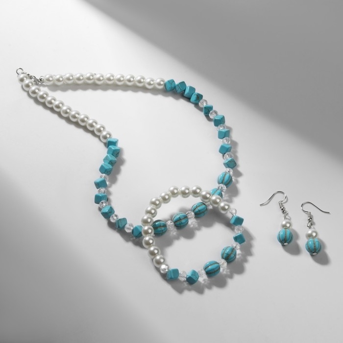 Набор 3 предмета: серьги, бусы, браслет &laquo;Натурель&raquo;, бусины №8, цвет молочно-голубой, 42 см