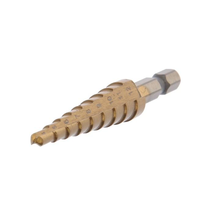 Сверло ступенчатое ТУНДРА, HSS, TiN, шестигранный хвостовик, 4-12 мм Сверло ступенчатое ТУНДРА, HSS, TiN, шестигранный хвостовик, 4-12 мм