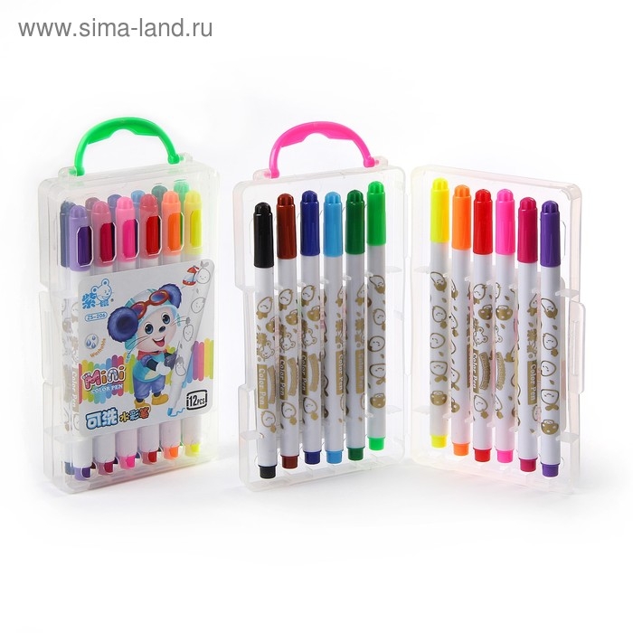 Фломастеры 12 цветов Фломастеры 12 цветов "Мышка", в пластиковом пенале с ручкой, вентрилируемый колпачок, МИКС