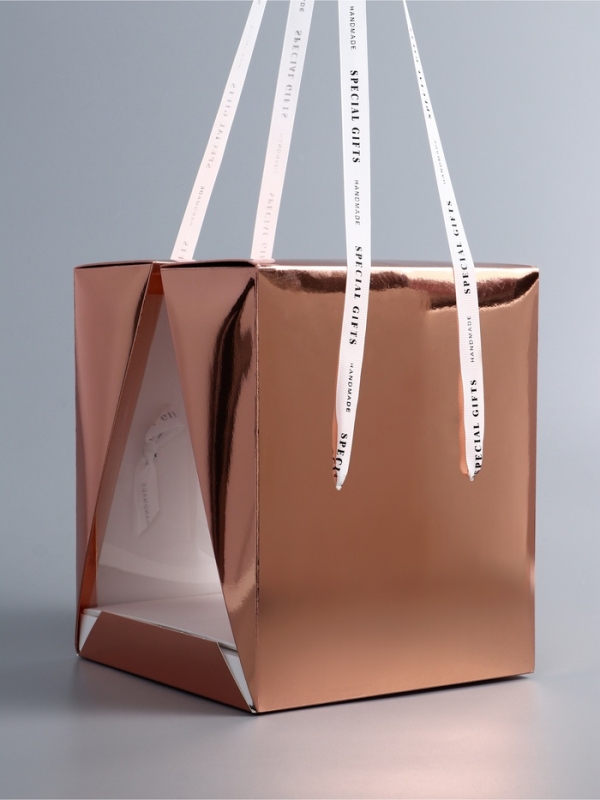 Коробка под бенто-торт с ленточками, ,розовое-золото  , 21 х 21 х 25 см