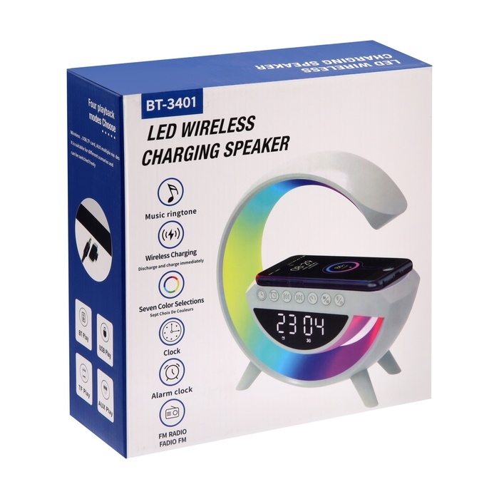 Портативная колонка- ночник BT3401, 5 Вт колонка, 15 W зарядка, 1200 мАч, подсветка, белая