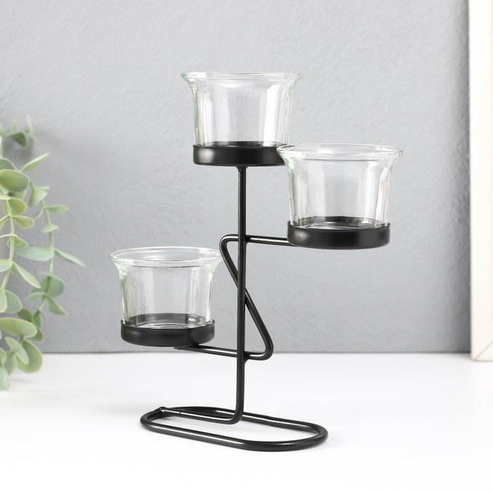 Подсвечник металл, стекло на 3 свечи "Кривая линия" d=2-5 см чёрный 16х6х18,5 см