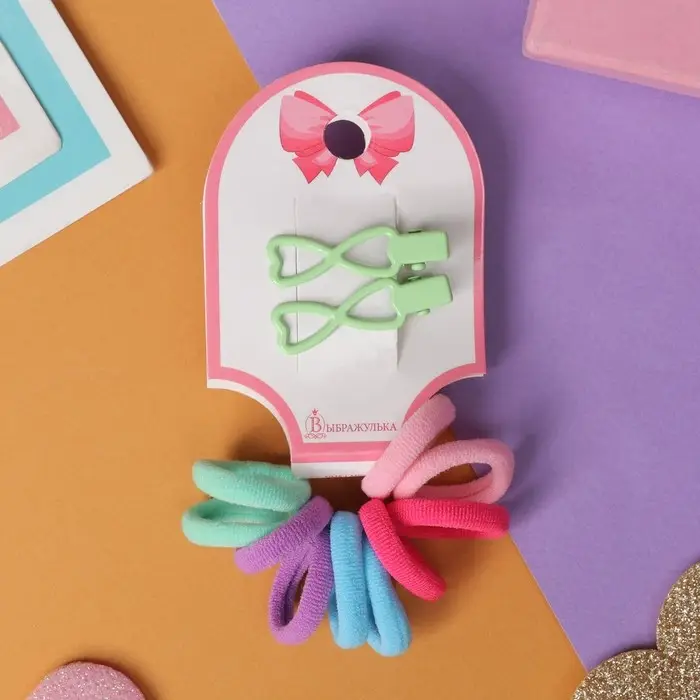 Набор для волос "Карамель" (10 резинок 1,5 см, 2 зажима 3 см) сердечки, зелёный