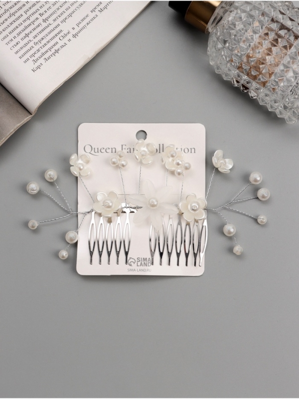 Гребень для волос "Эмилия" цветы бусинки, 11х6,5 см, белый