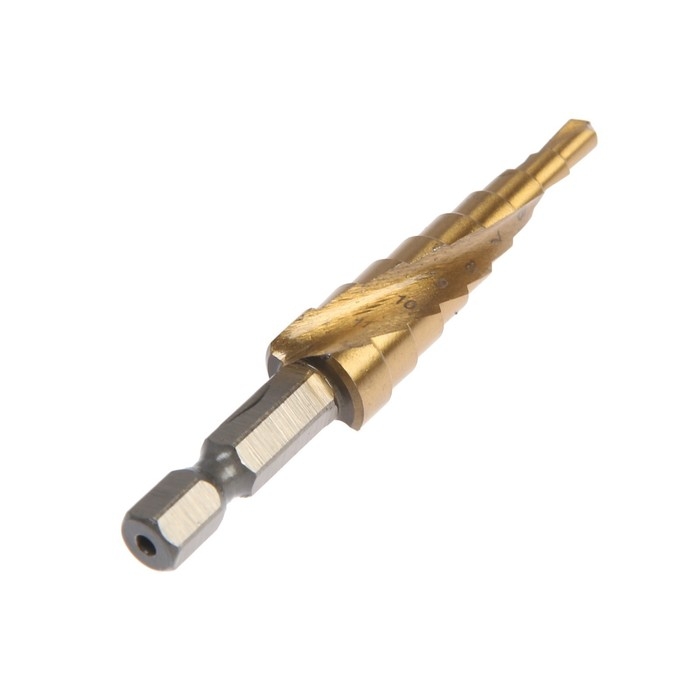 Сверло ступенчатое ТУНДРА ПРОФИ, HSS, TiN, спиральный профиль, шестигран. хвостовик, 4-12 мм Сверло ступенчатое ТУНДРА ПРОФИ, HSS, TiN, спиральный профиль, шестигран. хвостовик, 4-12 мм