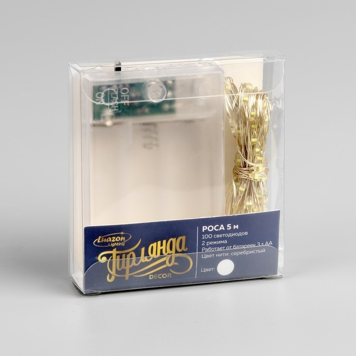 Гирлянда «Нить» 5 м роса, IP20, серебристая нить, 100 LED, 2 режима, батарейки AAх3 (нет в комплекте), свечение белое Гирлянда «Нить» 5 м роса, IP20, серебристая нить, 100 LED, 2 режима, батарейки AAх3 (нет в комплекте), свечение белое