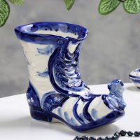 Ваза-карандашница "Сапожок с мышками", гжель, фарфор, 16х19 см