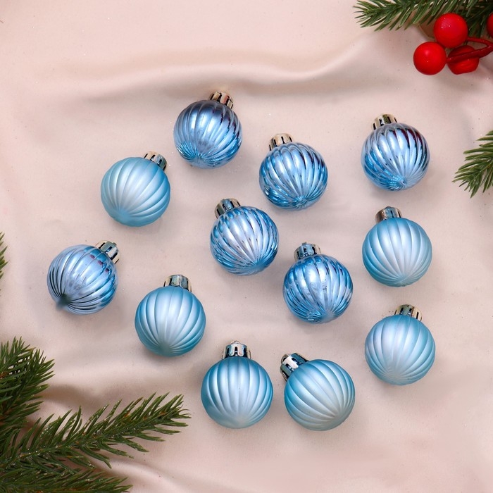 Набор шаров пластик d-3 см, 12 шт "Беата полоски" голубой