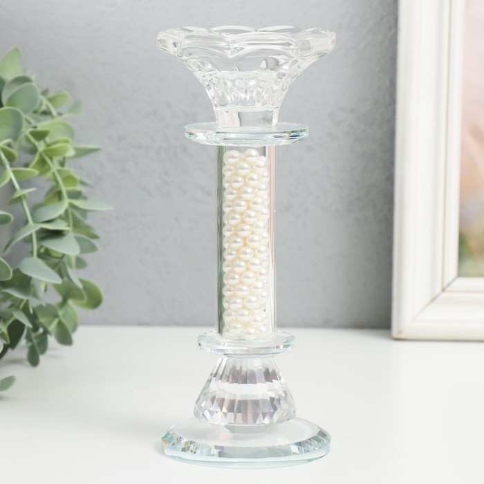 Подсвечник стекло на 1 свечу "Чаша на ножке с бусинами" прозрачный d=2,3 и 4 см 7х7х17 см