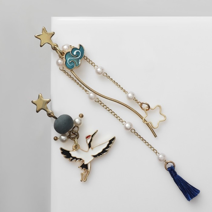 Серьги с жемчугом &laquo;Япония&raquo; аист и звёзды, цветные в золоте