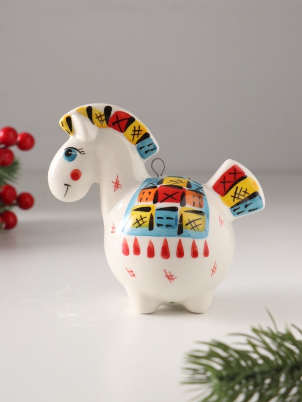 Ёлочный фарфоровый шар "Лошадь Пэчворк" /авторская роспись/, 11 см