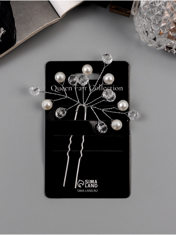 Шпилька для волос Шпилька для волос "Эмилия" шарики ассорти, 9х7 см, белый прозрачный