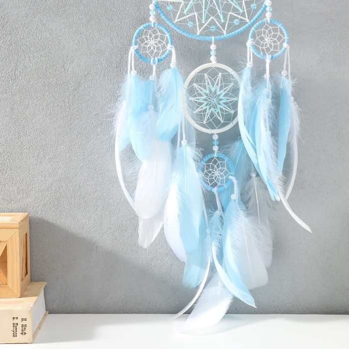 Ловец снов 5 колец "Многоконечная звезда" бело-голубой d=5, 9 и 16 см 16х66 см