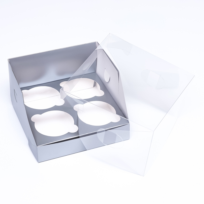 Коробка для 4 капкейков 16 х 16 х 10 , Серебро