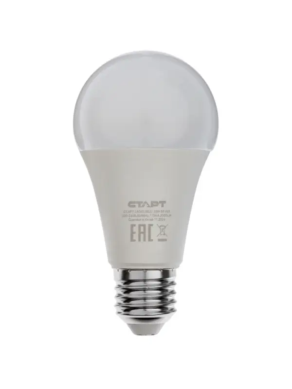 Лампа светодиодная СТАРТ, 20 Вт, Е27, А60, 6500К, 1600 Лм, холодный (белый) свет