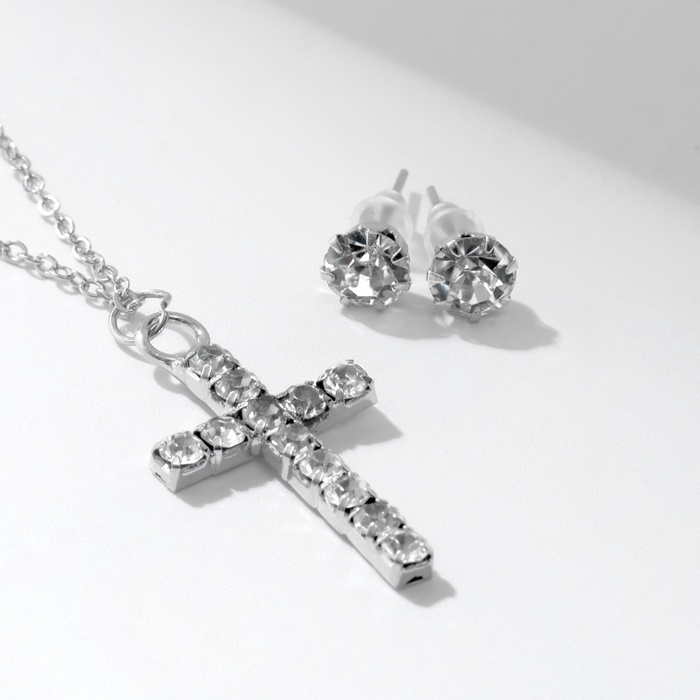 Гарнитур 2 предмета: кулон, серьги &laquo;Крестик&raquo;, цвет белый в серебре, 43 см
