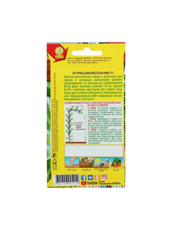 Семена Огурец "Малосольчик F1", раннеспелый, партенокарпический, 10 шт