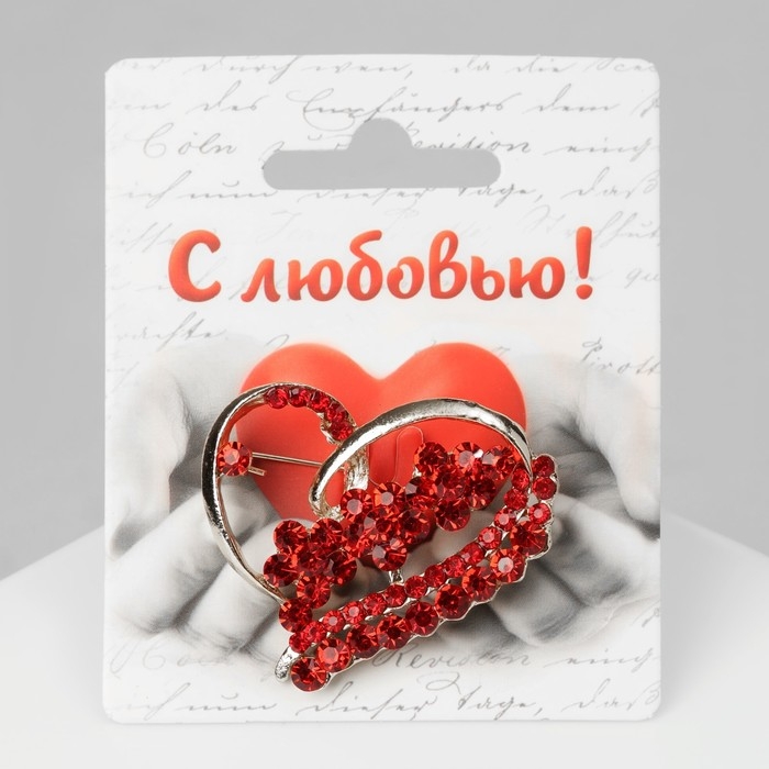 Брошь &laquo;Сердце&raquo; с цветами, цвет красный в золоте