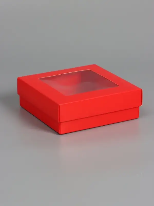 Коробка складная, крышка-дно,с окном, красная, 15 х 15 х 5 см
