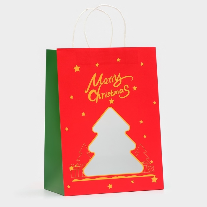 Пакет подарочный новогодний с окном "Ёлка" 26 х 35 х 16 см.