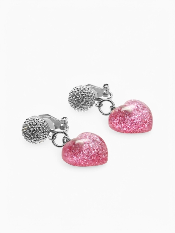 Серьги-клипсы детские "Выбражулька" сердце блестки с кругом кристалл, цвет розово-белый