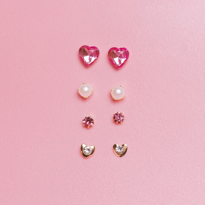 Пусеты 12 пар &laquo;Фантазия&raquo; сердца, бело-розовый в золоте