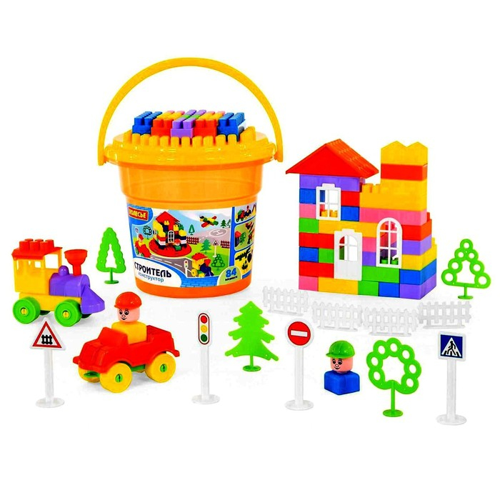 Конструктор &laquo;Строитель&raquo; 84 эл в ведре с крышкой