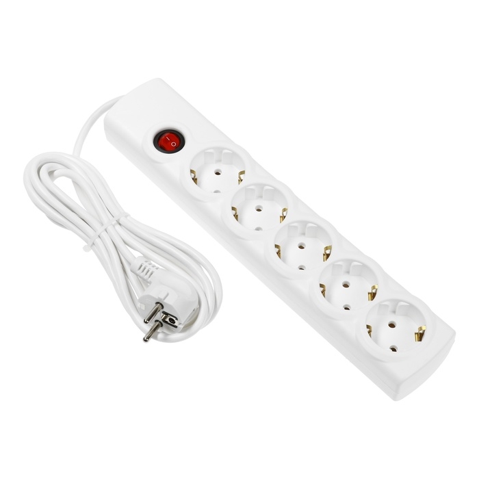 Сетевой фильтр Luazon Lighting, 5 розеток, 3 м, 2200 Вт, 3х0.75 мм2, 10 A, 220 В, c предохранителем, белый