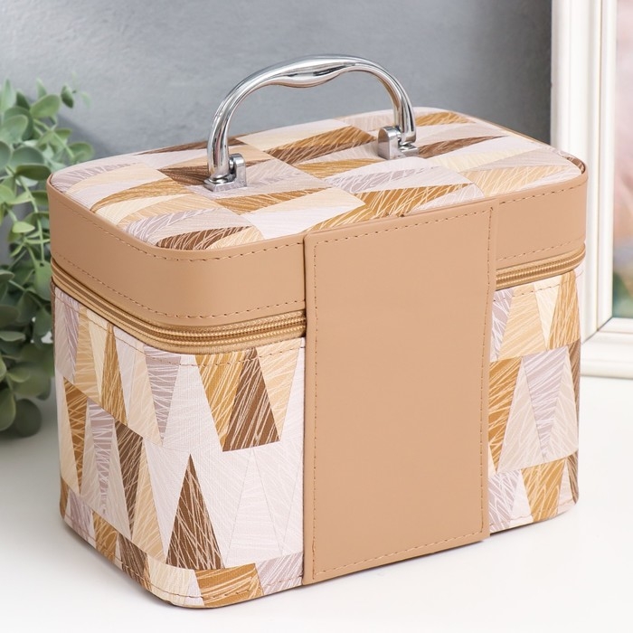 Шкатулка кожзам с зеркалом "Треугольники. Беж" н-р 3 шт 18х10х12,5 21х13х15,5 23х15х18,5 см