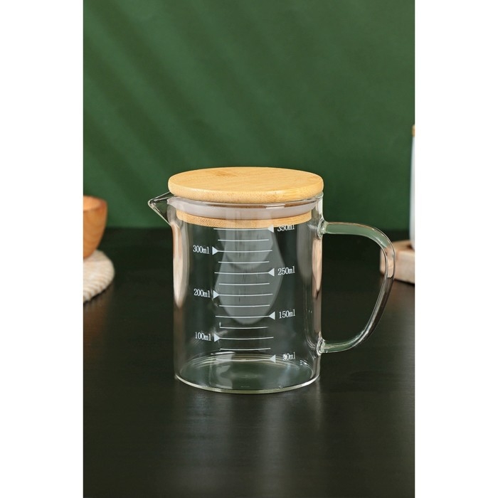 Кувшин для воды стеклянный мерный с бамбуковой крышкой BellaTenero &laquo;Эко&raquo;, 350 мл, 12,5&times;7,5&times;11,5 см, мерная шкала цвет МИКС
