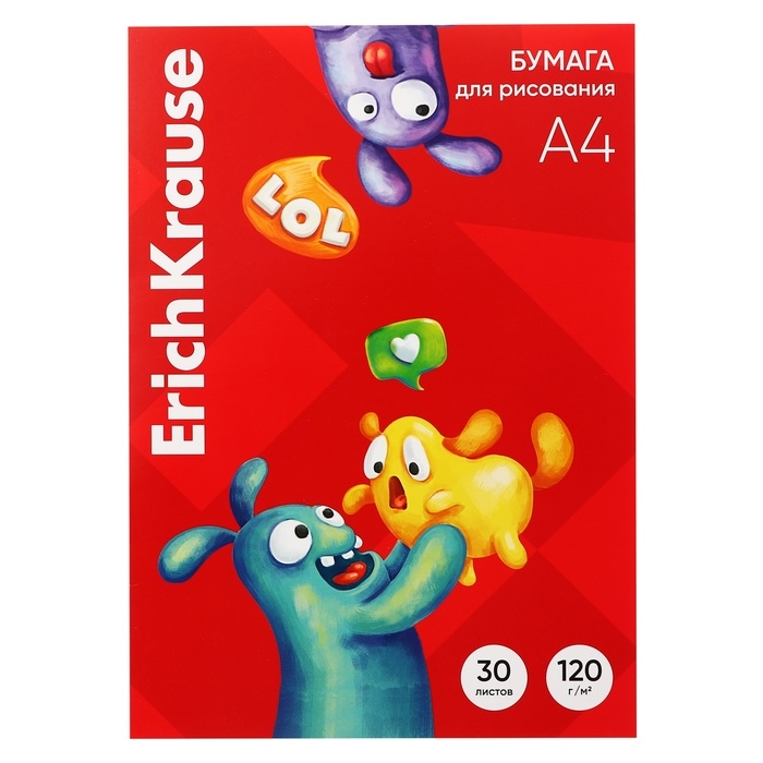 Бумага для рисования А4, 30 листов, ErichKrause Jolly Friends, блок 120 г/м&sup2;, 100% белизна, картонная папка
