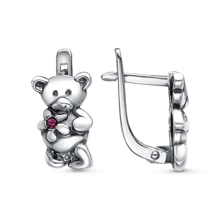 Серьги детские &laquo;Мишка&raquo; с цветком, посеребрение с оксидированием, цвет розовый