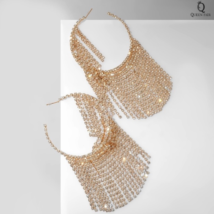 Серьги висячие со стразами &laquo;Водопад&raquo; нити на крупных кольцах, цвет белый в золоте, 12 см