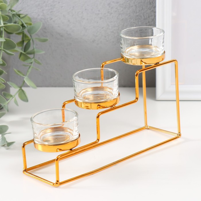 Подсвечник металл, стекло на 3 свечи Подсвечник металл, стекло на 3 свечи "Лестница" золото 20х6х10 см