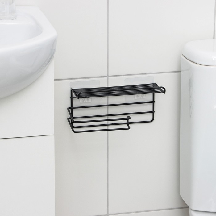 Полка на липучке Доляна, с держателем для полотенец, 19,5&times;9,5&times;8 см, цвет черный